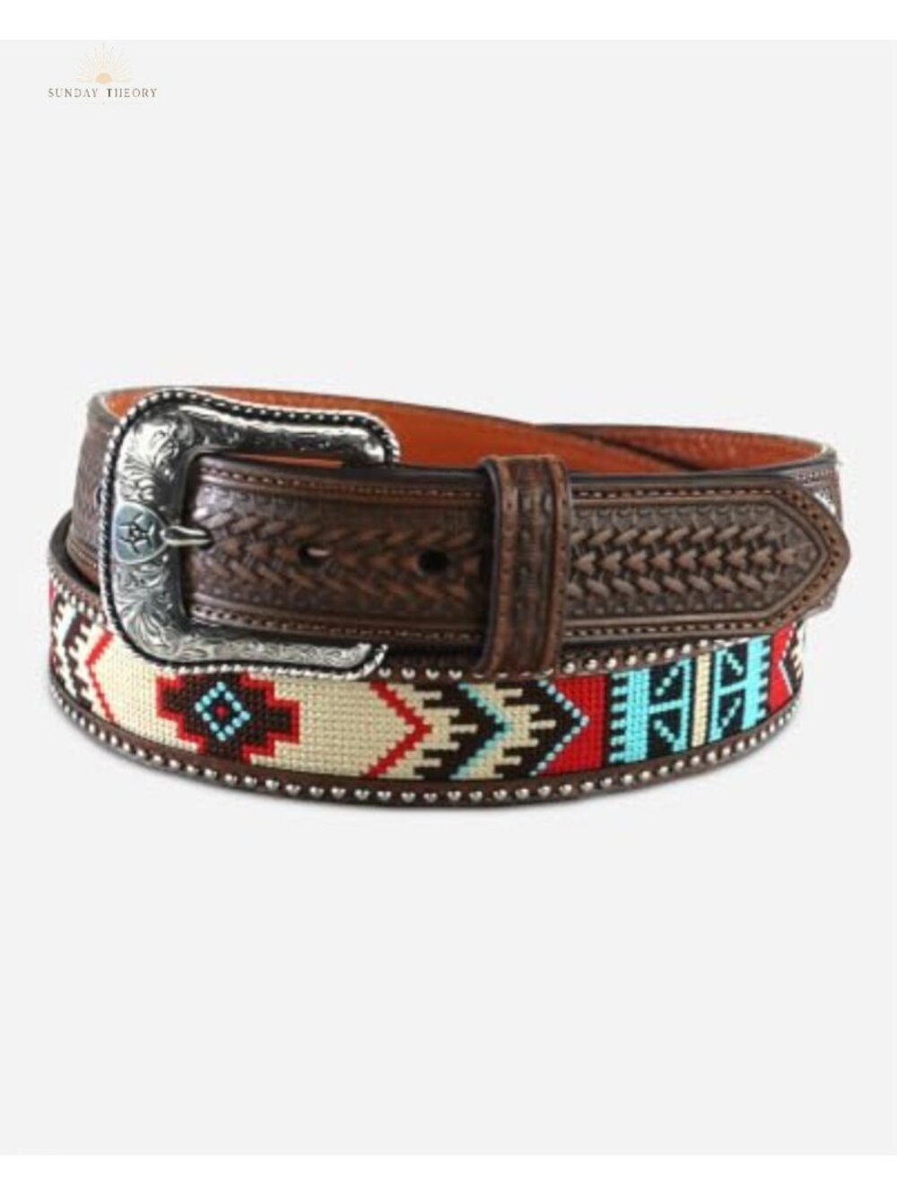 Mens Southwestern Embroidered Leather Belt with Tooled Tabs
